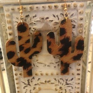 Cheetah Print Cactus Shape Faux Leather Earrings